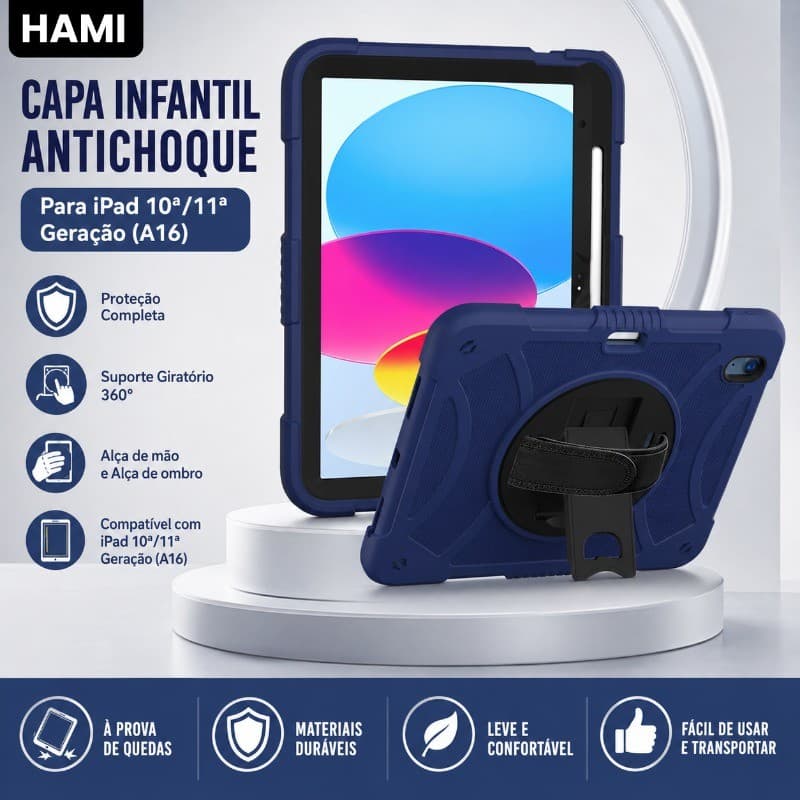 HAMI Capa Infantil para iPad 10/11（A16) com Alça, Suporte 360°,Protetor de Tela e Porta Lápis