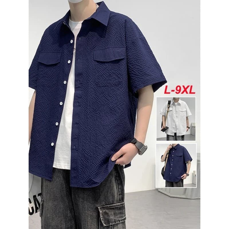 Camisas Masculinas Plus Size de Tecido Bolha, Manga Curta, Cor Sólida, Secagem Rápida e Alta Qualidade