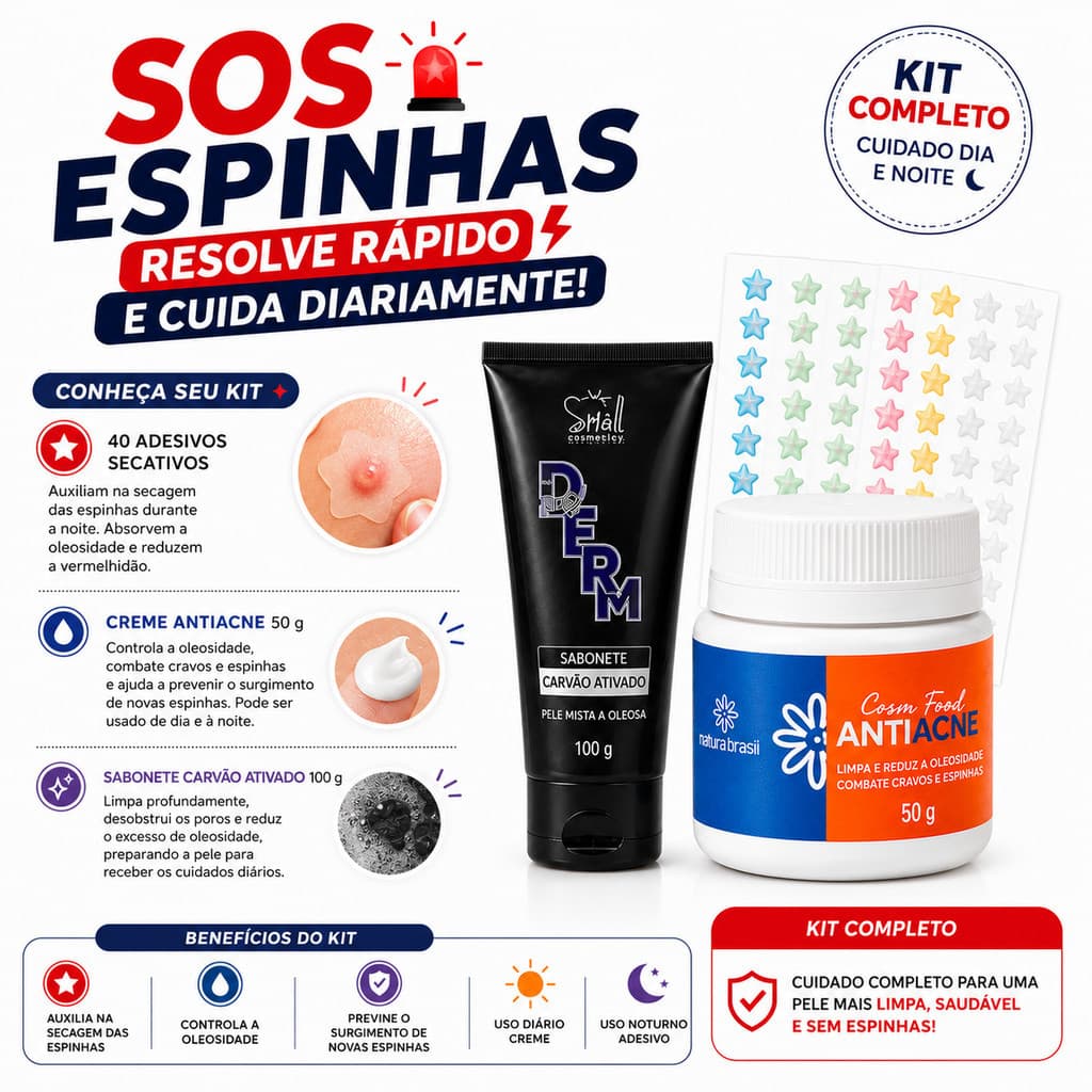 Kit Sabonete + Creme Antiacne + 40 Adesivos espinhas Skin Care completo para oleosidade e acnes