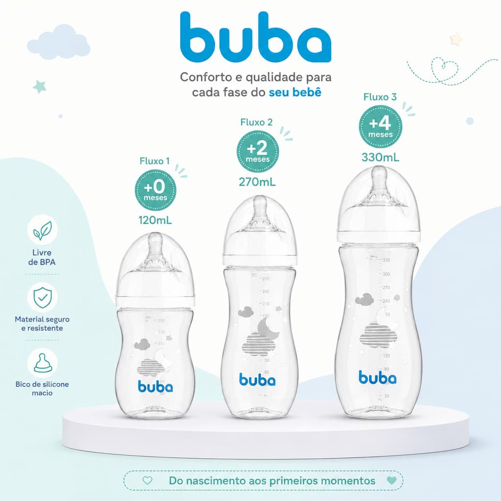 Kit 3 Mamadeiras Buba Anticólica Bico Pétala Silicone Macio Easy Flow Antivazamento 120/270/330 mL