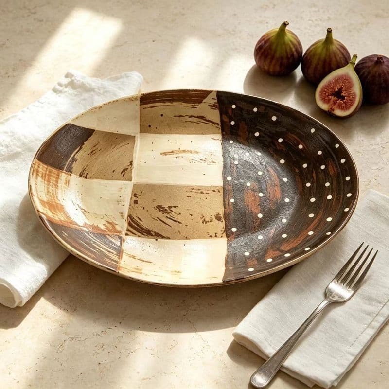 Estilo japonês silencioso pintado à mão retalhos ponto grés placa Oval Retro Natural Taupe angustiado placa de cerâmica