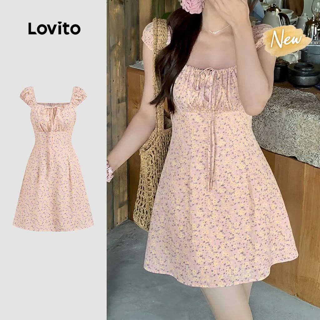 (New Arrival) Lovito Vestido Casual de Renda Lazer Simples Vestido de Primavera/verão para mulheres Bordado DRB200TD074