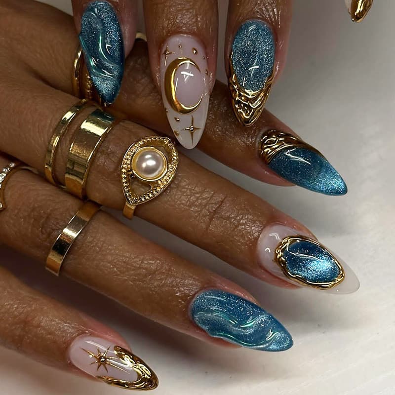 Olho de gato tridimensional inteligente mar profundo dourado Starburst estilo europeu americano Manicure destacável 24 p