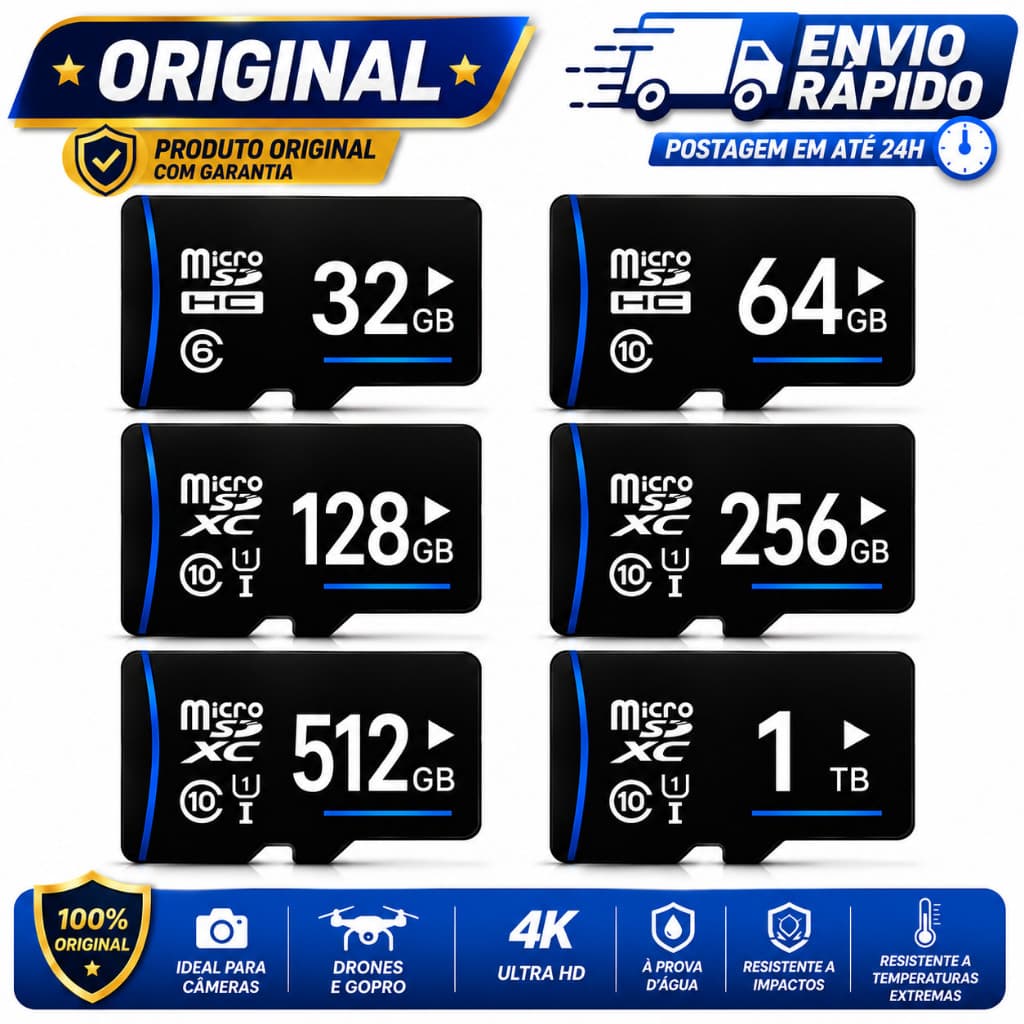 Cartão de Memória Micro SD 32GB 64GB 128GB 256gb 512GB 1TB Classe 10 TF Para Celular Câmera Drone Tablet Notebbok PC