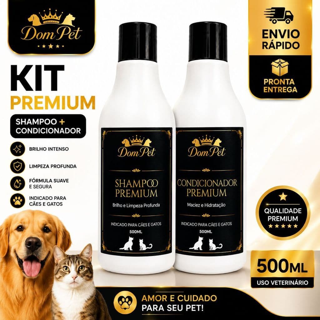 Kit Shampoo e Condicionador Pet Dom Pet 500ml Cães e Gatos Premium