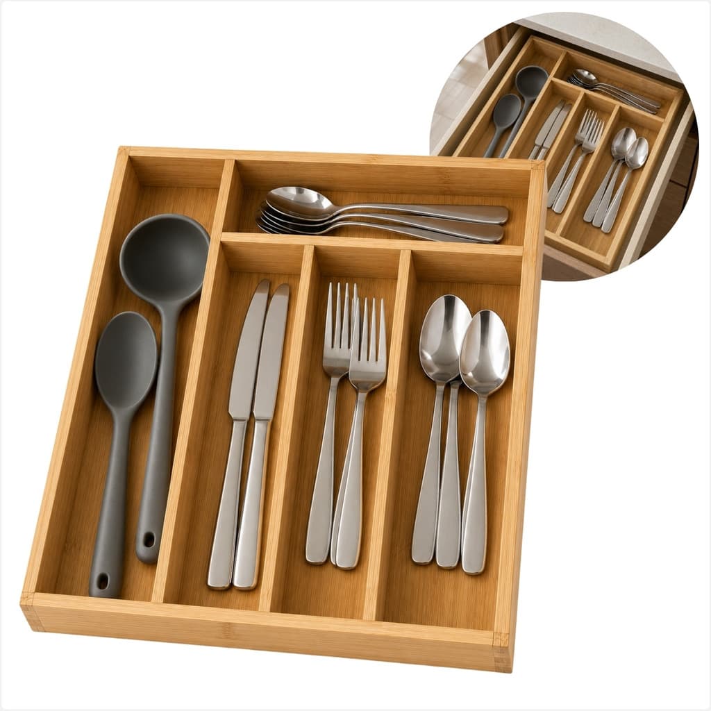 Organizador Porta Talheres de Bambu para Gaveta com 5 Compartimentos 28x35x4cm