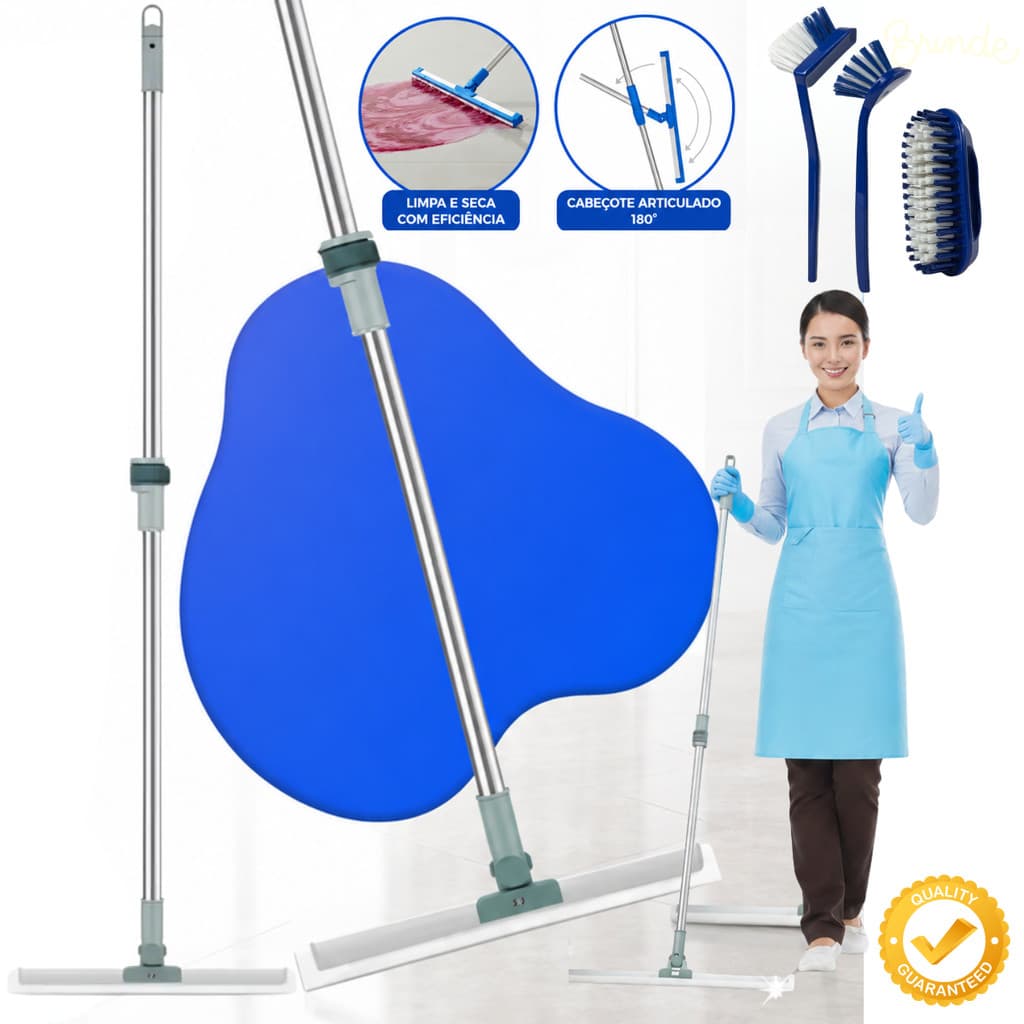 Kit Rodo Silicone Vassoura Mágica Extensivo 1,45m Profissional + 3 Escovas Multiuso Limpa Piso
