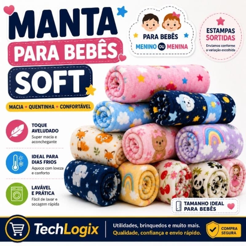 Manta Para Bebês Soft 80x100cm Poliéster Macia Quentinha Menino ou Menina Estampas Sortidas