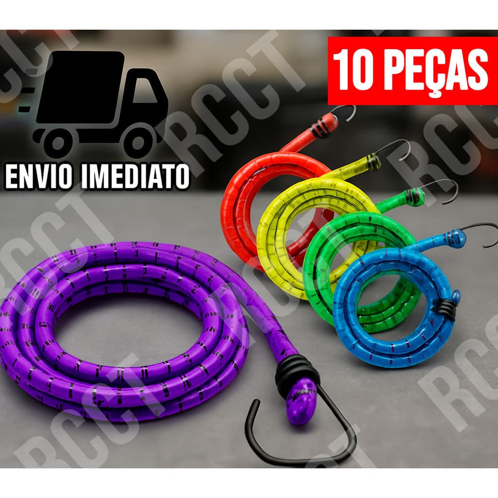 Kit 10 Corda Elástica para Moto Bagageiro 1,50m com Gancho de Metal Reforçado Multiuso
