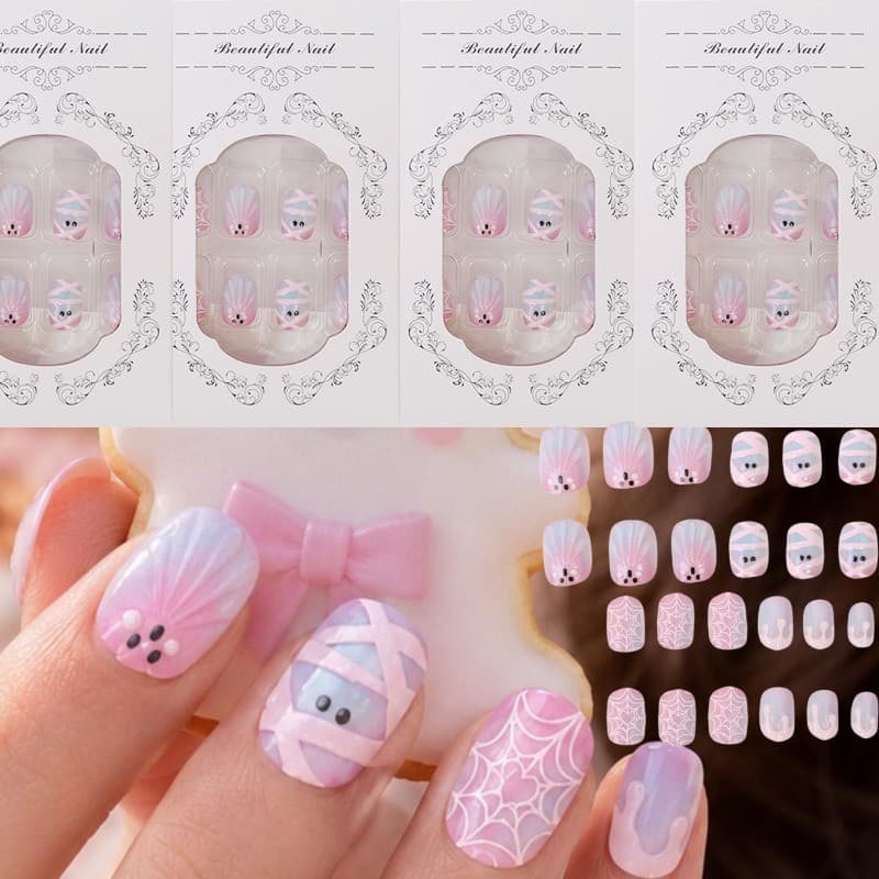 [Decoração De Halloween] Prensa Fantasma De Olho De Gato Rosa Em Unhas Postiças , Kit De Com Design De Aranha , Manicure