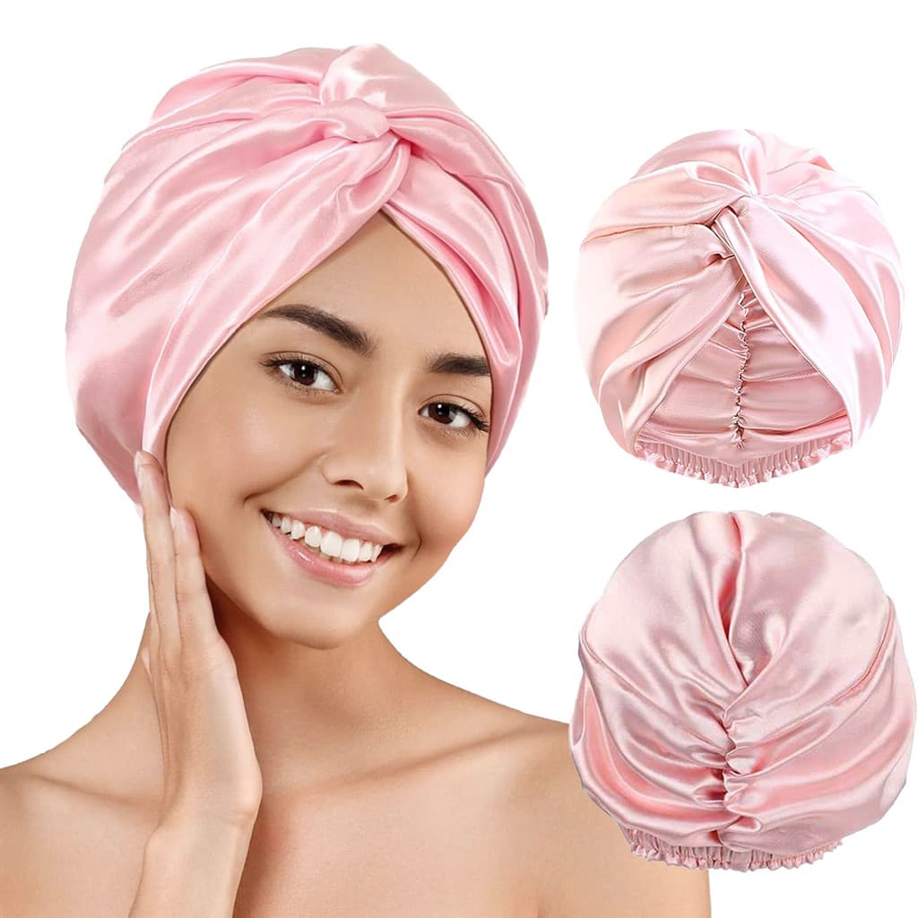 [Estoque pronto] novo estilo dupla camada simulação seda torção boné senhoras testa cruz Nightcap alta elástica lenço bo