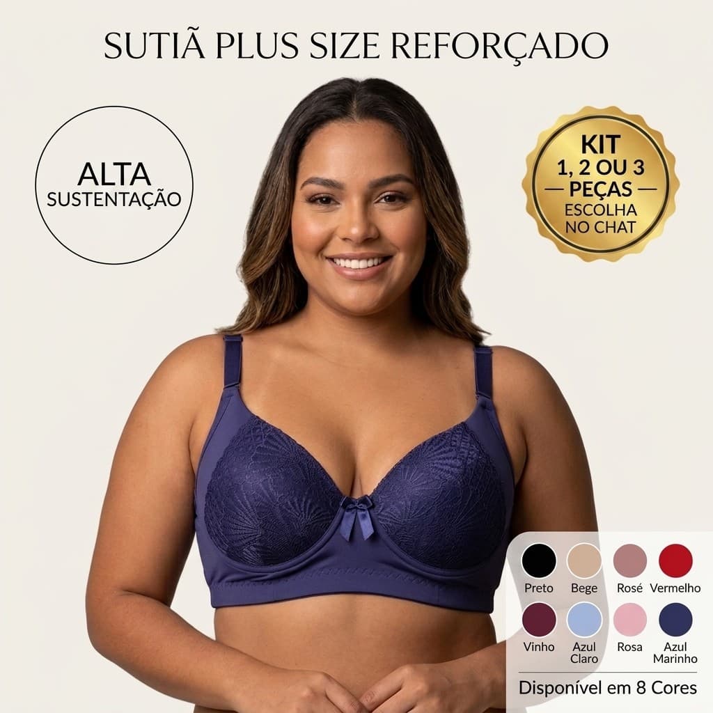 Sutiã Plus Size Reforçado Renda Sustentação Alça Larga 3 Fechos Forro Algodão