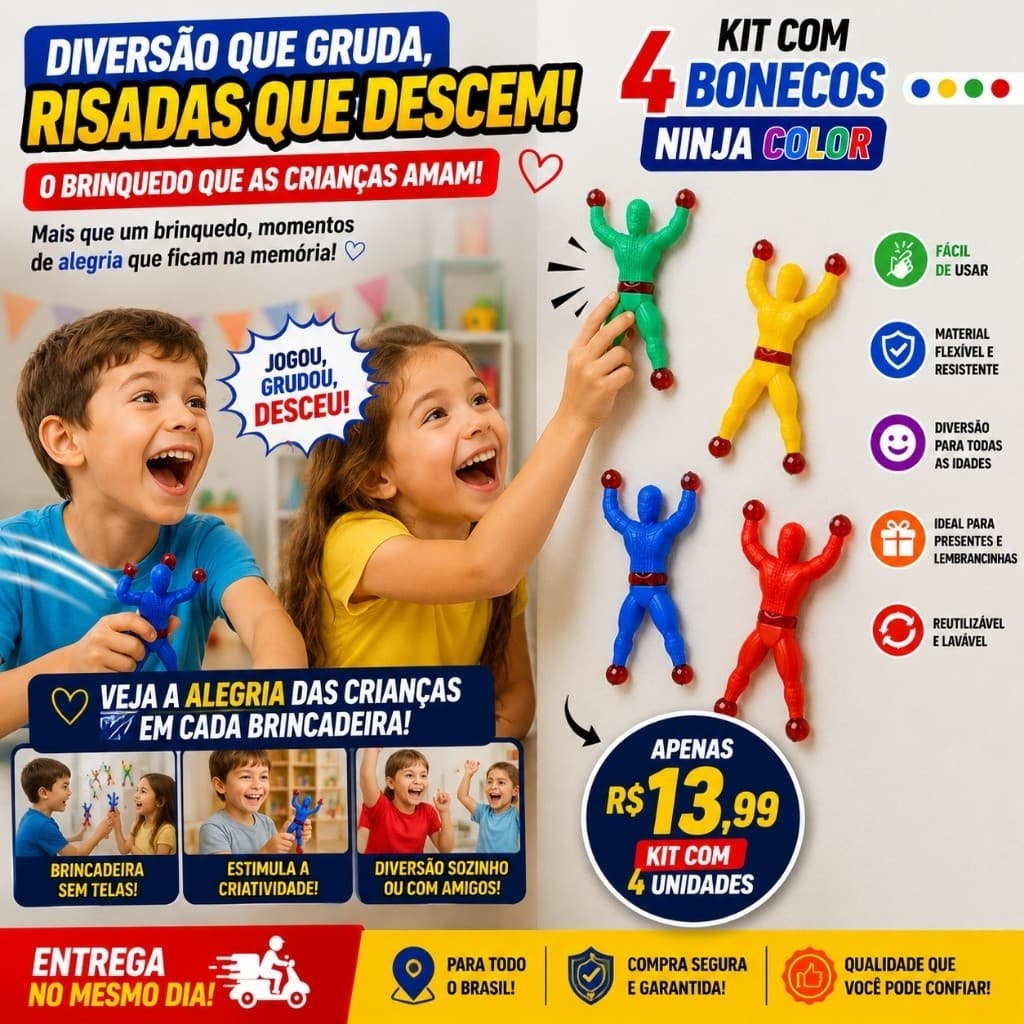 Boneco Ninja Colorido Gruda e Desce Pela Parede | Brinquedo Divertido Infantil Antiestresse