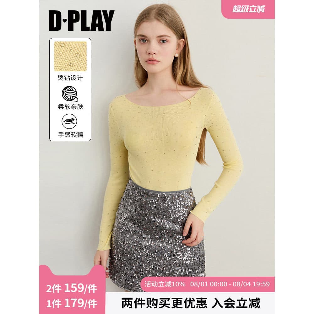 DPLAY Outono Novo Estilo Suéter Amarelo Feminino Único Hot Strass Frente Ombro Slim-fit Top Bottom