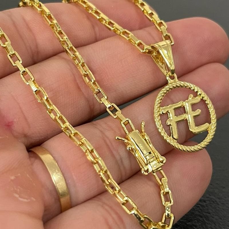 Corrente masculina tijolinho 3mm 70cm com pingente Fé banhada a ouro 18k