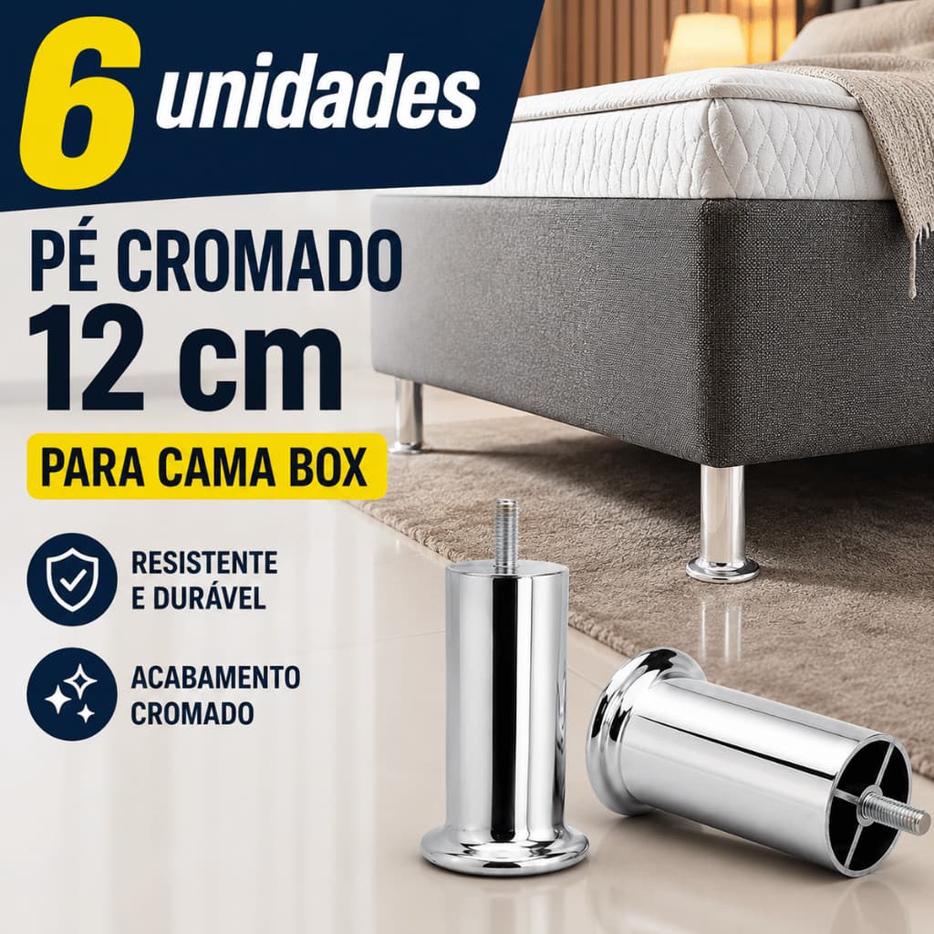Pés para Cama Box Cromados 12 cm Reforçados Rosqueáveis 6 Unidades