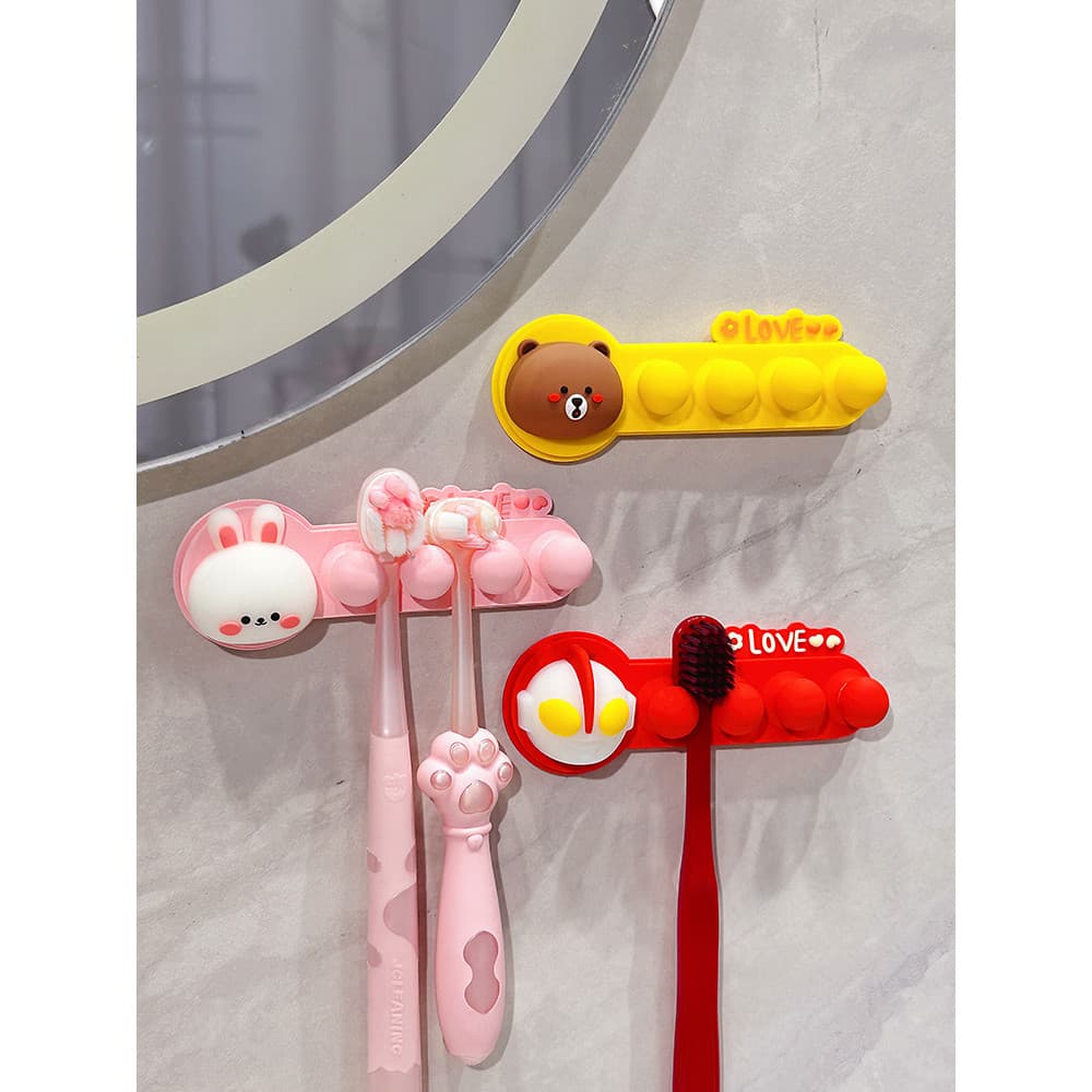 Rack de escova de dentes infantil para banheiro, fixado na parede, bonito, desenho animado, urso marrom, parede, sem per