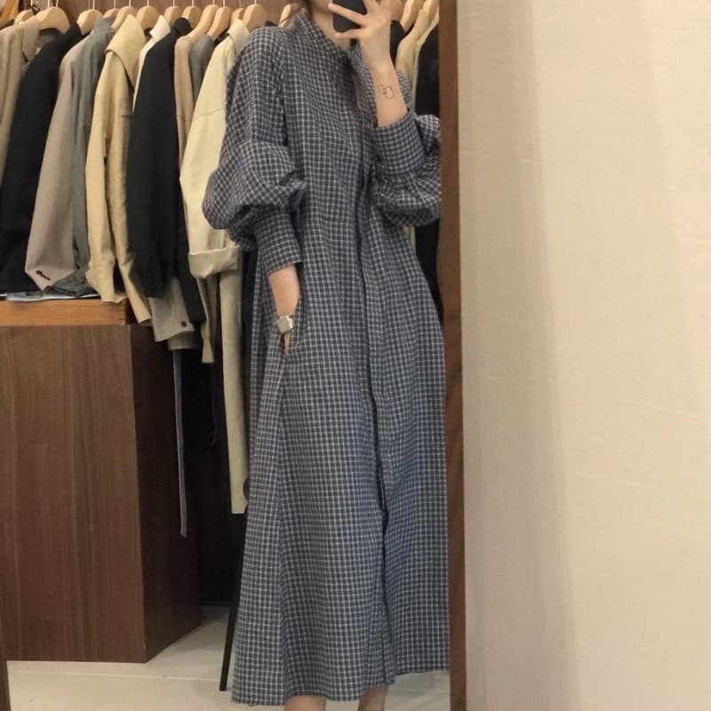 Coreano coreano outono simples em torno do pescoço idade-reduzindo xadrez longo cintura estreita mais magro olhar camisa