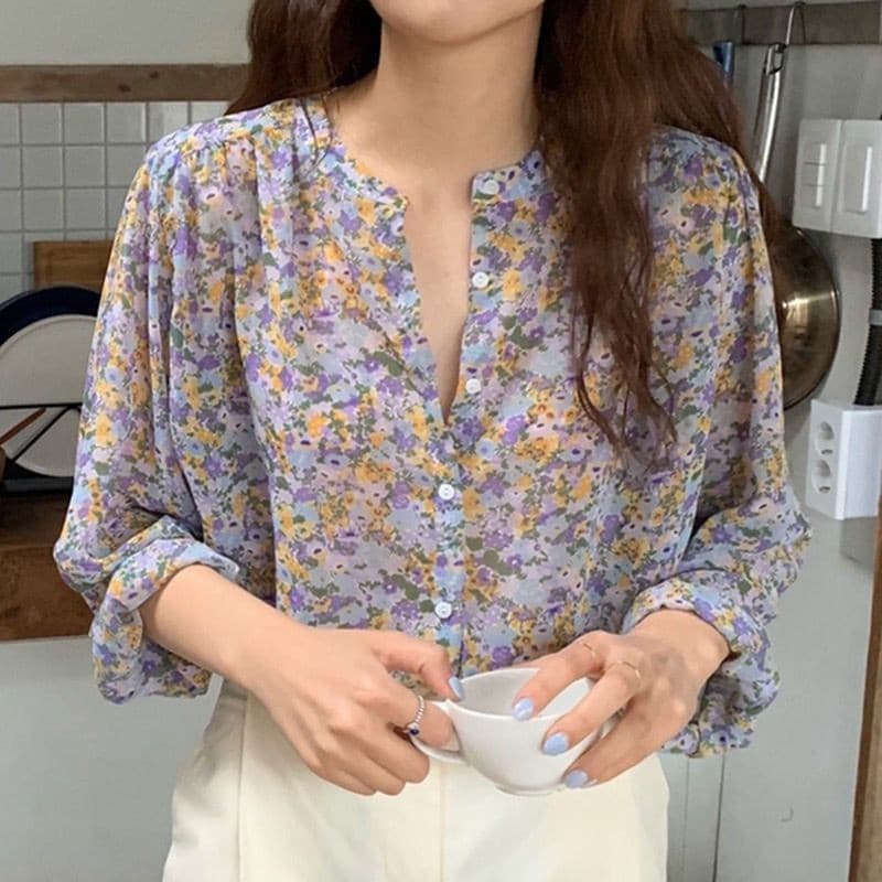 Blusa Feminina Plus Size de Verão Estilo Coreano Floral Chiffon Estampada TO0H