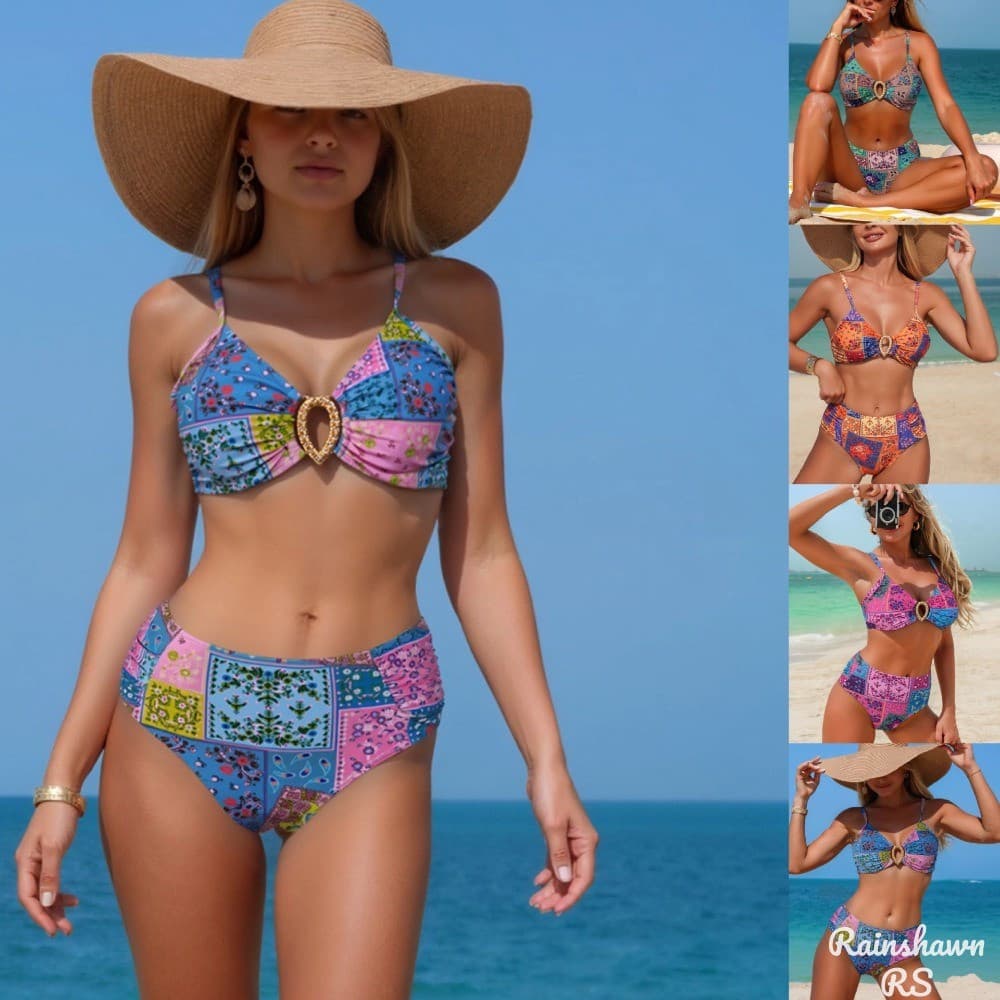 RS |   Biquíni feminino sem mangas de duas peças, biquíni de cintura alta, roupa de banho feminina para praia, roupa de