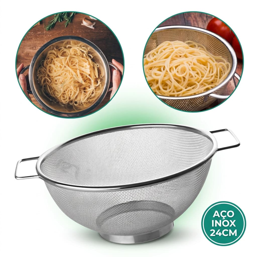 Escorredor de Macarrão Aço Inox 24cm Peneira Coador para Arroz Legumes Frutas com Alças e Base Antiderrapan