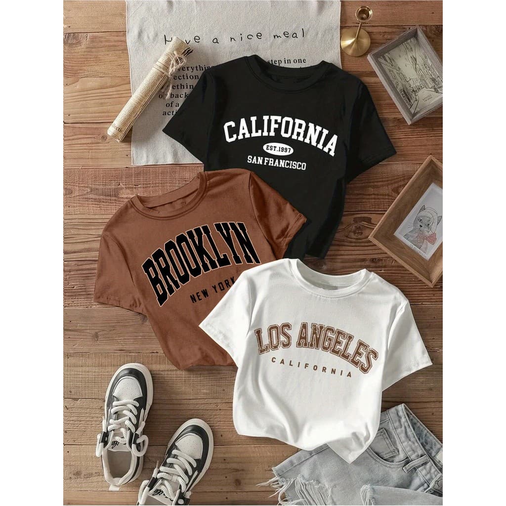 Conjunto de 3 T-shirts com Estampa de Letras, Top Casual de Manga Curta e Gola Redonda para Verão e Primavera