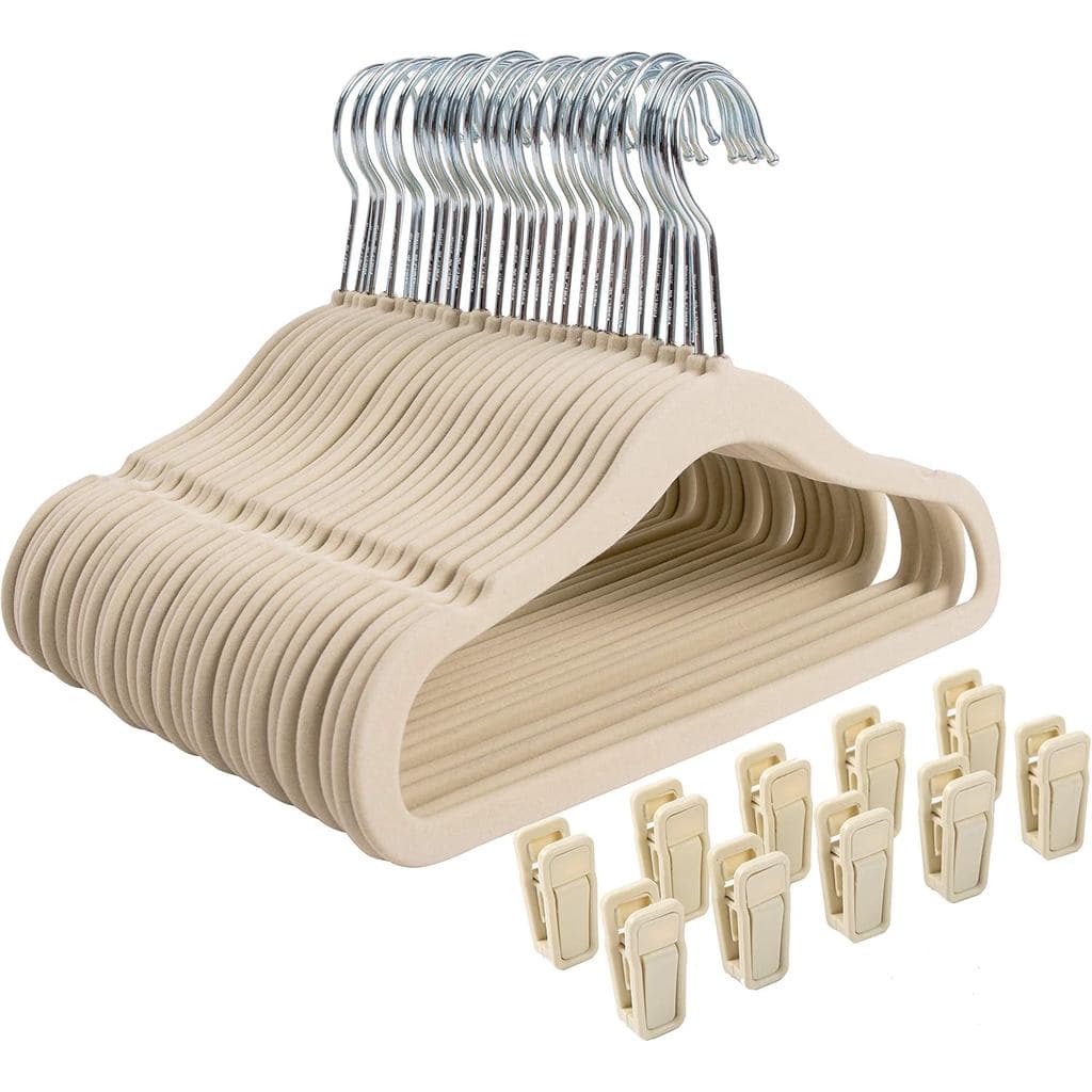 Cabides Antiderrapantes Finnhomy para Bebês e Crianças, Pacote com 30 Cabides de Veludo com 10 Clipes para Dedos, Bege R