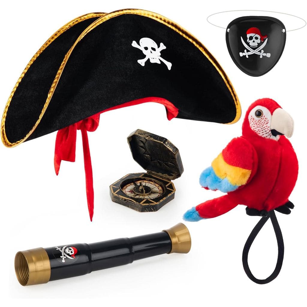 HyDren Conjunto de 5 Acessórios para Fantasia de Pirata Infantil com Chapéu de Capitão Pirata com Estampa de Caveira, Pa
