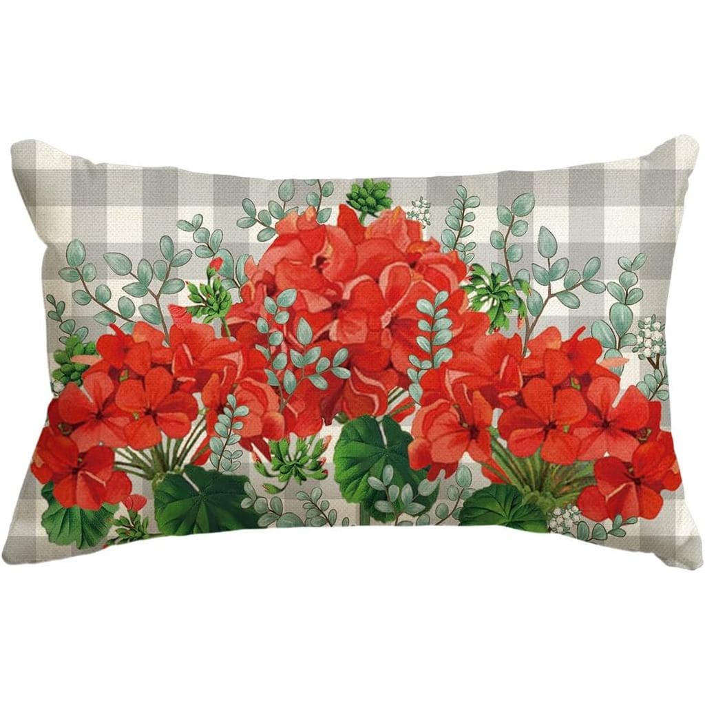 Capa de Almofada AVOIN colorlife em Xadrez Buffalo Cinza Gerânio, 12 x 20 Polegadas, Capa de Almofada com Estampa Floral