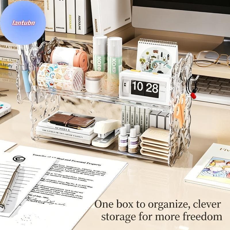 LANTUBN Acrílico Transparente 2 Camadas Organizador De Mesa Durável Economia Espaço Armazenamento Ra Para Escritório Em