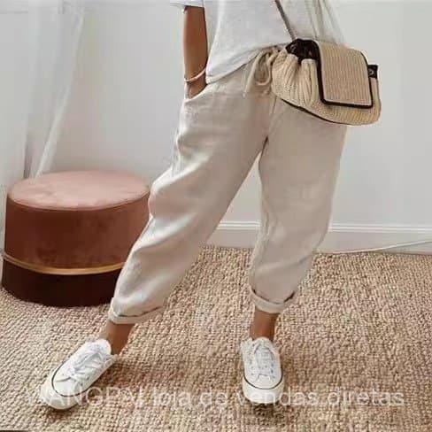 Calças Cropped Femininas Casuais de Algodão e Linho com Cintura Elástica