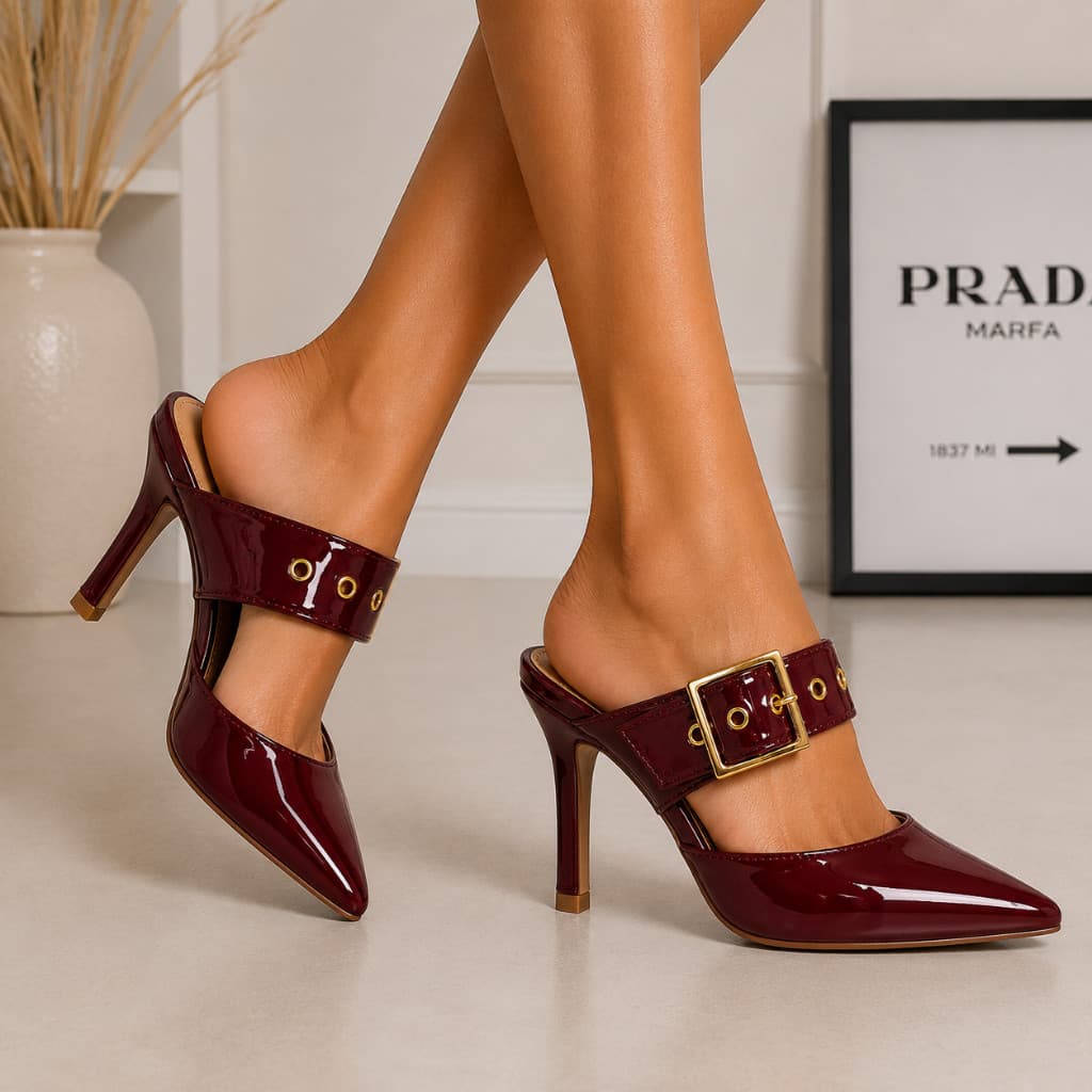 Scarpin Mule Feminino Bico Fino Salto 7,5 cm Detalhe Fivela Ilhós Elegante Festa Trabalho Luxo Confortável