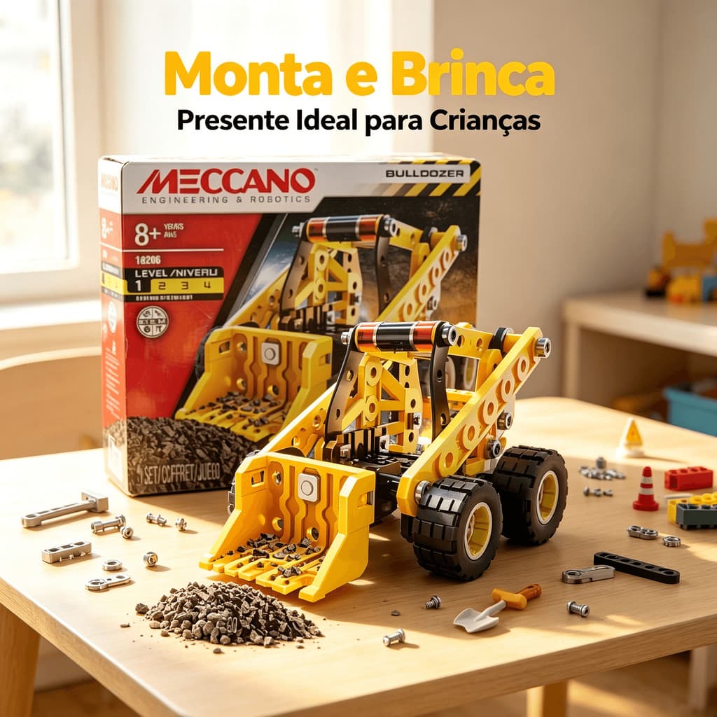 Kit Montagem Meccano Trator Esteira Bulldozer, Brinquedo Educativo STEM Engenharia, Para Crianças Acima de 8 Anos