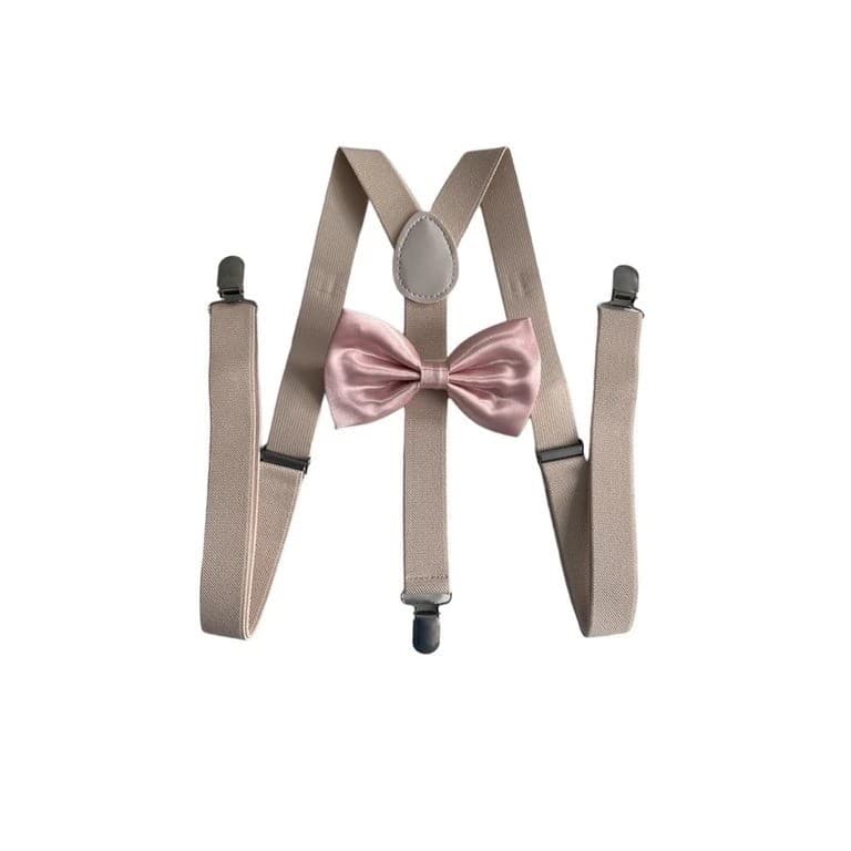 Kit Suspensório Bege + Gravata Borboleta Rosê Infantil + 1 Gravata Borboleta Rosé + 1 Gravata Slim Cetim Rosé