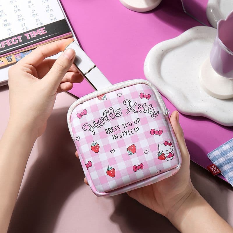 Bolsa de armazenamento com desenho animado, compacta e portátil, bolsa fofa para meninas, Hello Kitty.