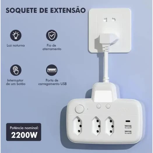 Filtro de Linha Curto Extensão 3 Tomadas 2 USB Type-C Bivolt 2200W com Luz Noturna