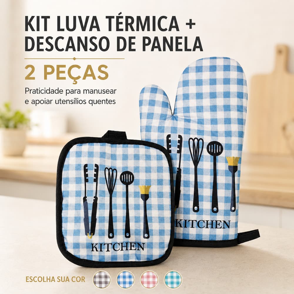Kit Luva Térmica + Descanso de Panela para Cozinha Pegador de Forno Suporte Estampado