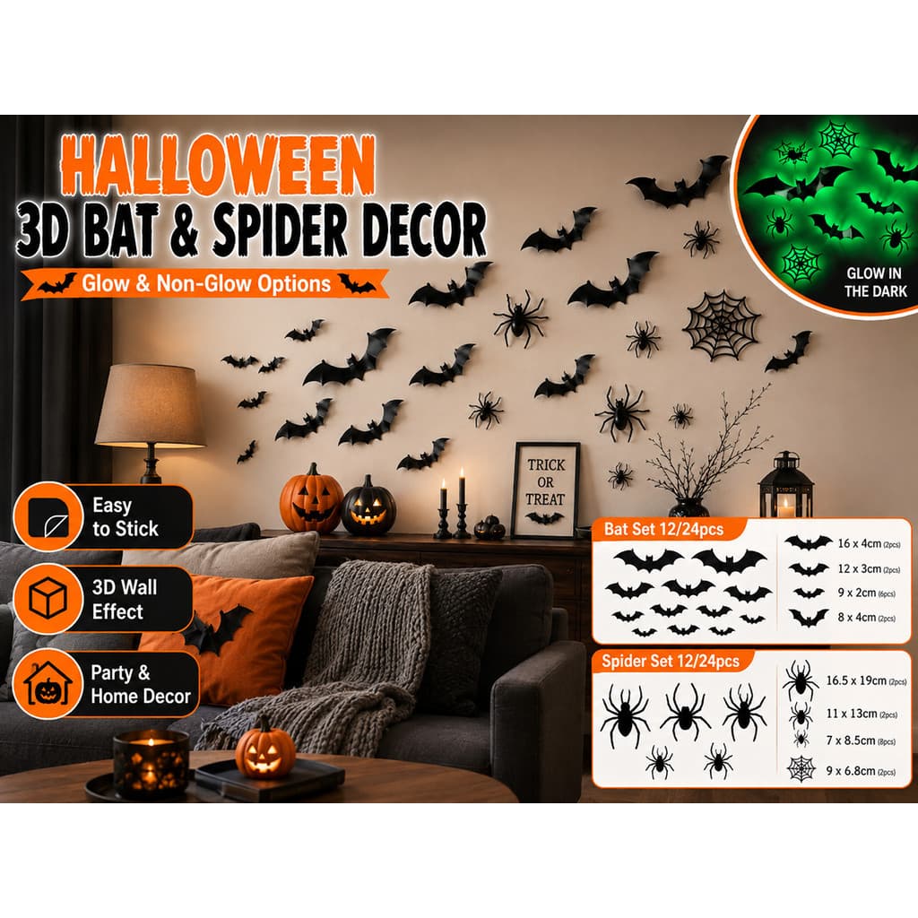 Adesivo de parede de morcego aranha 3D de Halloween, decoração DIY, luz escura e sempre brilhante, adequado para portas