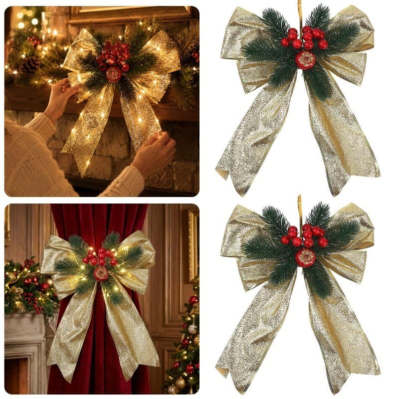 1/2/4 Unidades De Laço De Veludo De Natal-Para Festa De Lareira Com Guirlanda-Agulha De Pinheiro Artificial Baga Vermelh