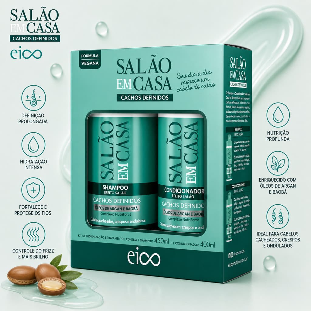 Shampoo e Condicionador EICO KIT Salão em Casa Cachos Definidos 850ml KIT Shampoo Condicionador Kit Cabelo Cacheado