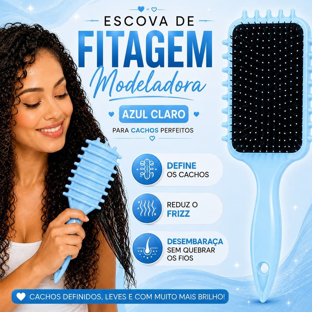 Escova de Fitagem Azul Claro Cuidados com os Cabelos Modeladora Define Cachos Anti Frizz