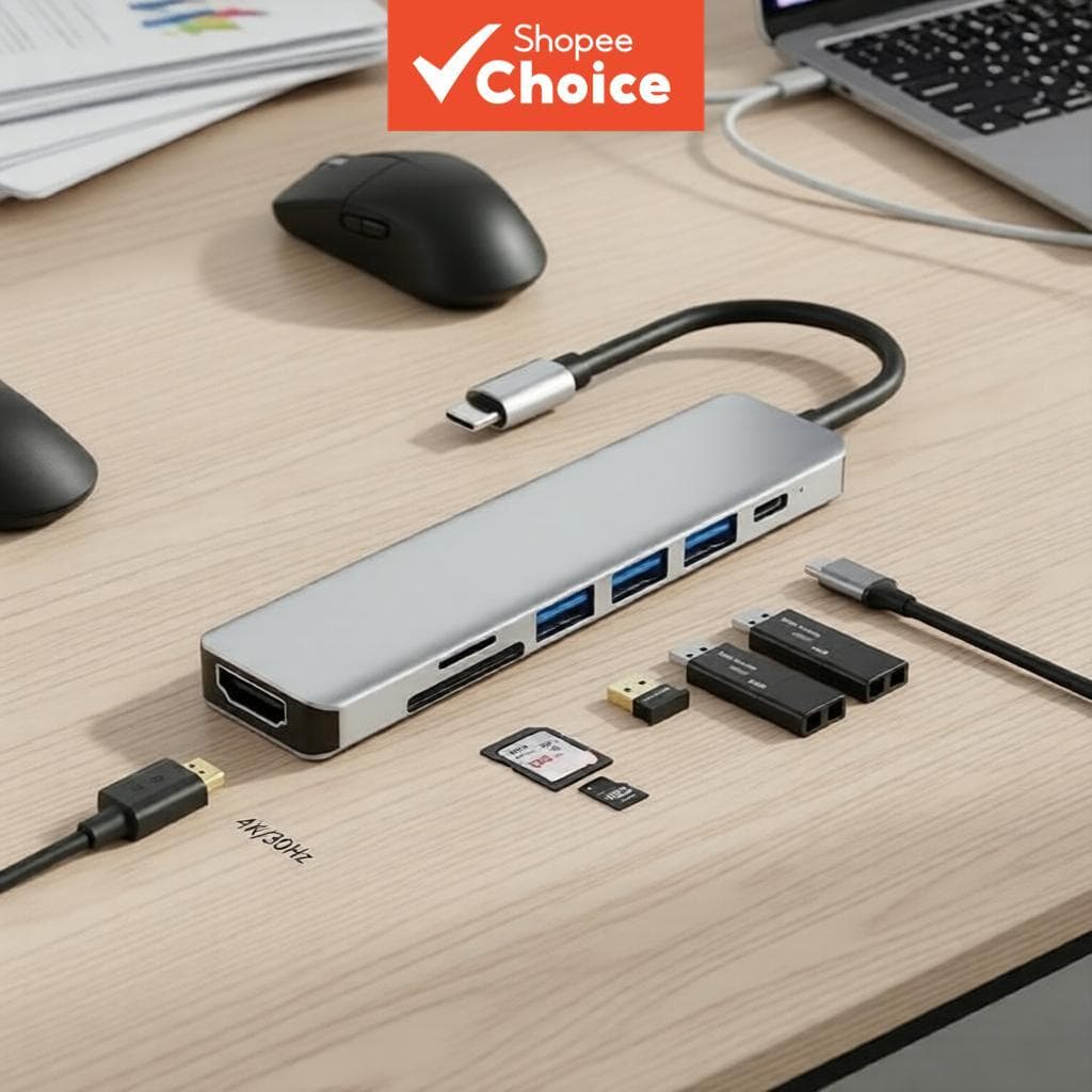 Hub USB 3.0 Tipo-C 7 em 1 com Conversor HDMI de Alta Definição e Leitor de Cartão TF/SD