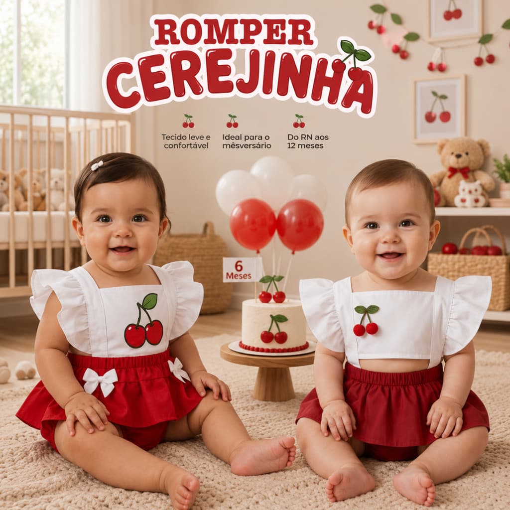 Romper Bebê Menina infantil Cerejinha cereja 0 a 3 meses ou 0 a 9 meses