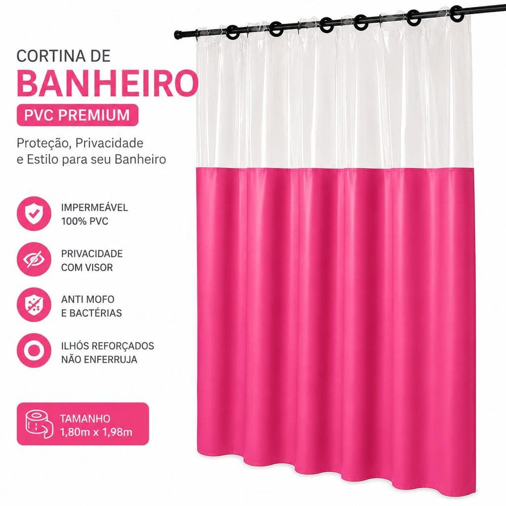 Cortina Box Banheiro PVC Rosa Impermeável Com Visor Transparente Anti Mofo Premium