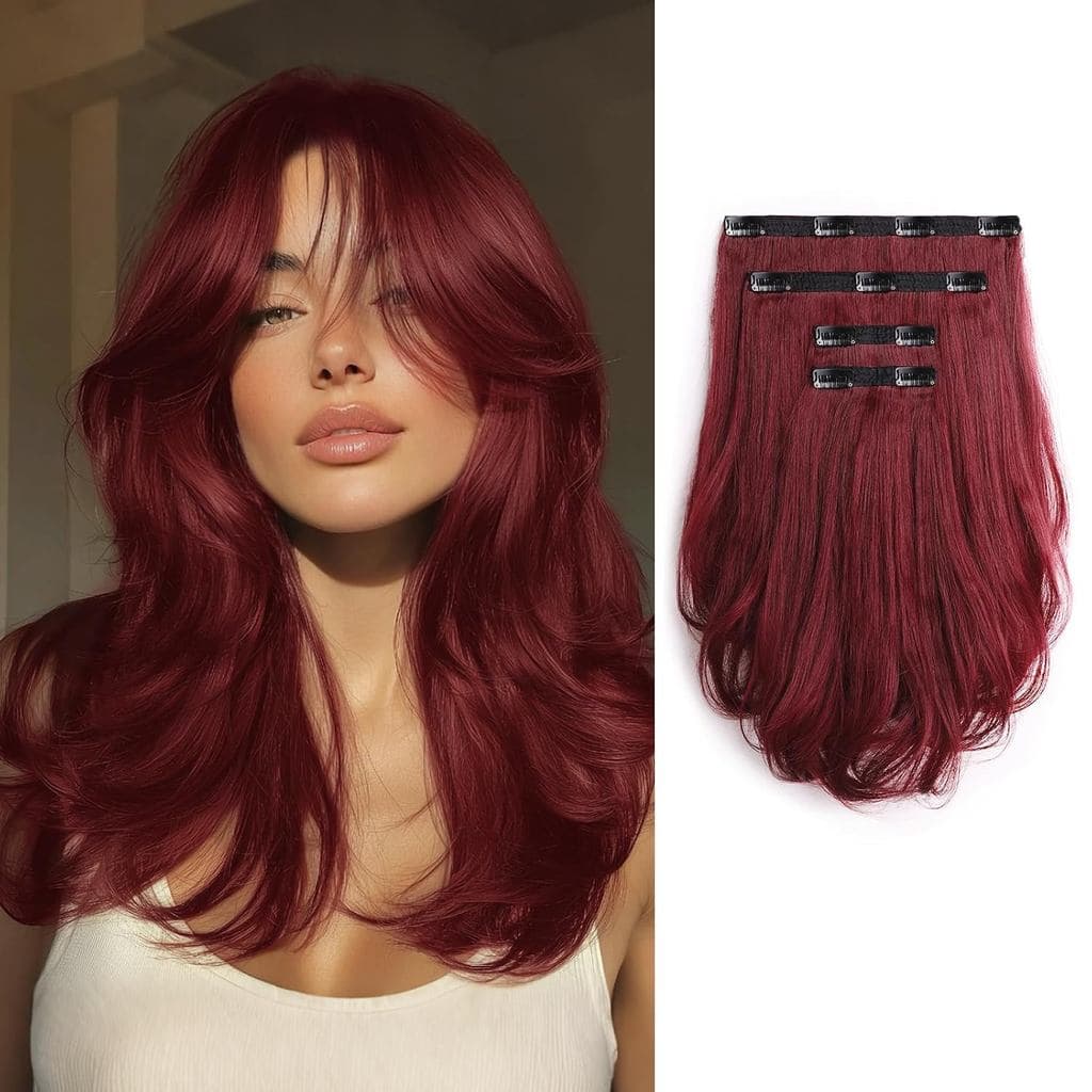 Extensões de Cabelo com Presilha Borgonha 14'' de Comprimento, Extensões de Cabelo Sintético Invisíveis, 4 Peças, Presil