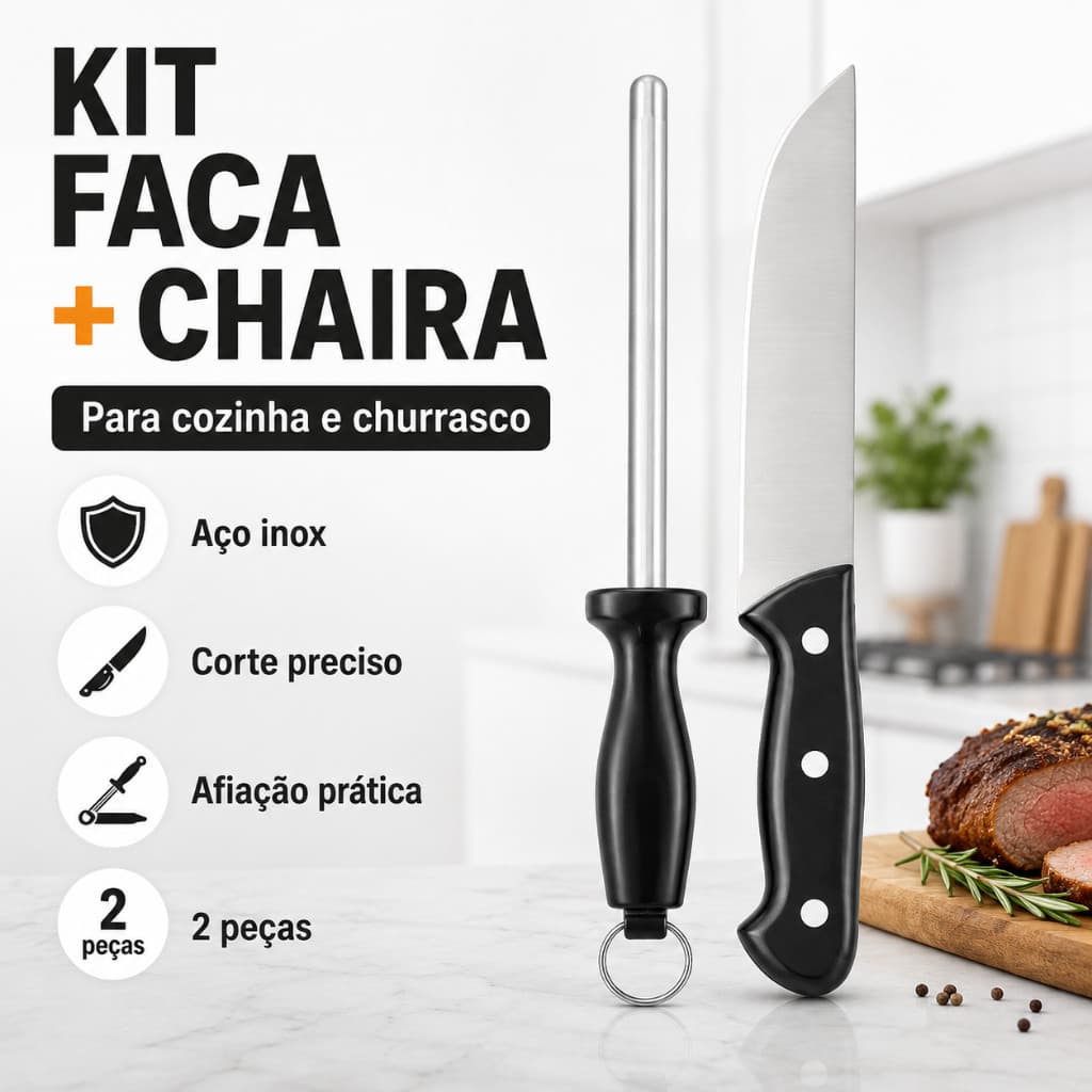 Kit Faca Churrasco Profissional com Chaira Amolador Aço Inox Cabo Preto Cozinha Carnes Legumes  Doméstico e Profissional