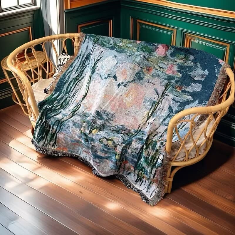 Estilo de pintura a óleo Monet lírio de água xale sofá toalha capa cobertor único sofá almofada impressionista tapeçaria