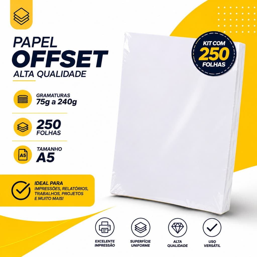 Papel Offset A5 240g Branco 250 Folhas Sulfite Alta Qualidade