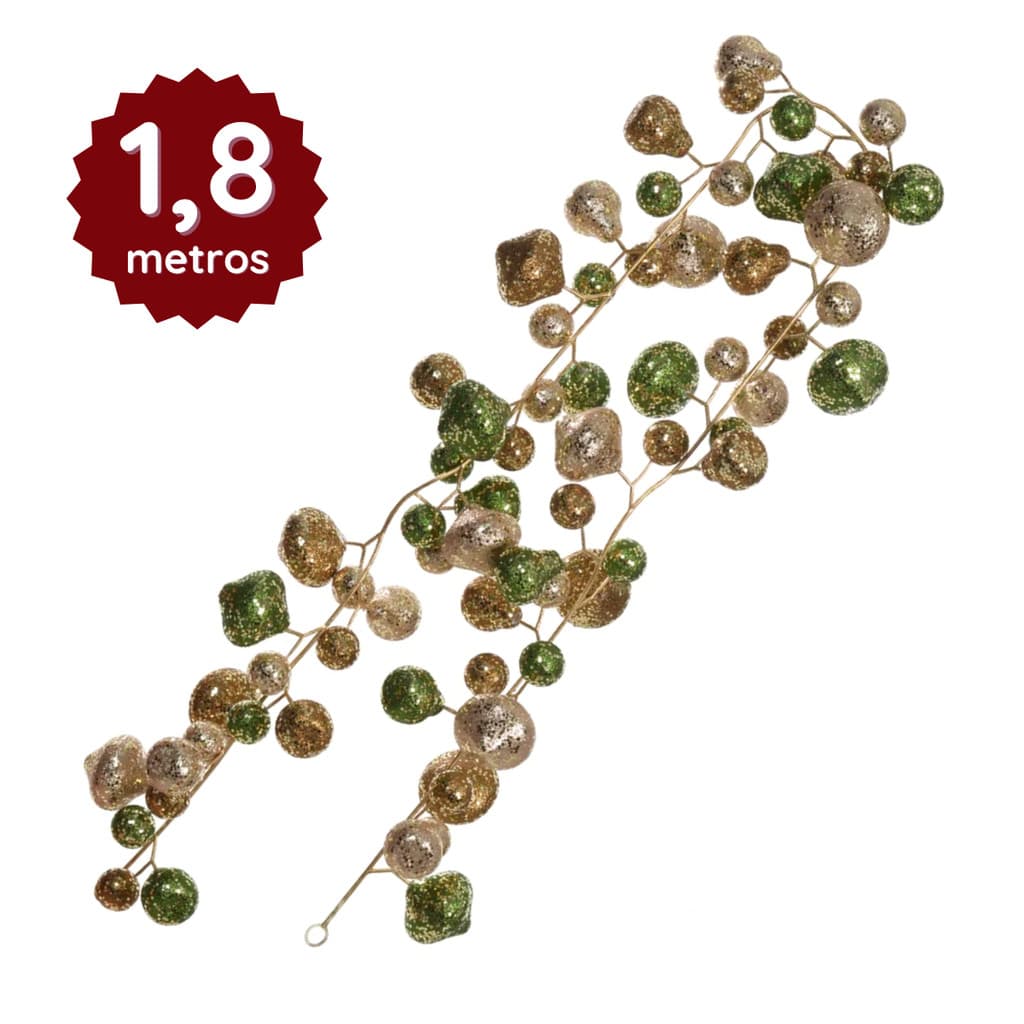 Cordão Natalino Luxo 1,8m Bolas Verde Dourado Mistas Enfeite Árvore Guirlanda Premium Unidade