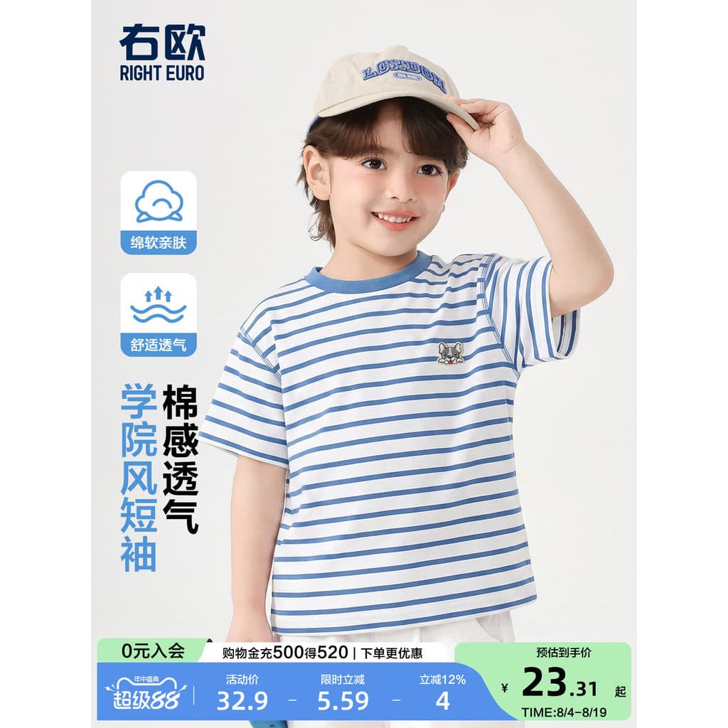 Right Ou meninos camiseta de manga curta estilo Preppy listrado verão novo estilo roupas infantis moda bebê menino topo